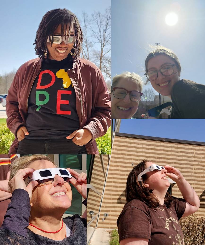 Top Left: Jakia Marie (AAAS program coordinator/assistant professor)  Top Right: Lynnette Keen (Dean's Office Assistant) and Megan Royce (Dean's Office student worker)  Bottom Left: Lynnette Keen  Bottom Right: Sammie Craig (School of Interdisciplinary Studies student worker)